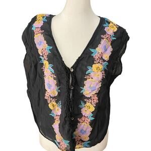 Free People eggplant purple Floral Top Sleeveless Button Up Pleated Shoulder